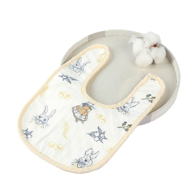 Baveta in Forma de U, Vivimall, din Bumbac, pentru Copii 0-12 Luni, Rezistenta la Apa, cu Capse, Model cu Iepurasi, 21x30 cm, Bej - vivimall.ro