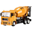 Camion betonieră galben cu telecomandă pentru copii, vedere frontală, dimensiuni 29x13x9 cm