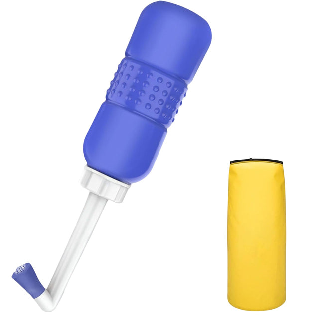 Bideu Portabil pentru Igiena Intima, Vivimall, pentru Postpartum/ Postoperator, 450 mL, cu Capac si Husa Galbena, 29.5x7 cm, Culoare Recipient Mov - vivimall.ro