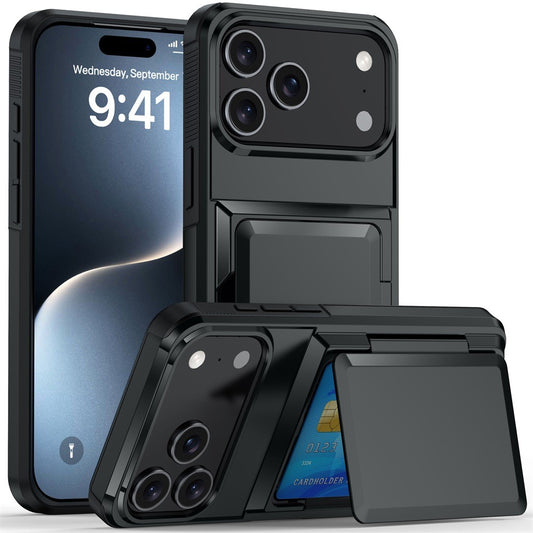 Husa de Protectie compatibila Apple iPhone 17 Pro, Vivimall, Compartiment pentru Carduri, Anti-alunecare, Protectie PC, Rezistenta la Zgirieturi, Negru - vivimall.ro