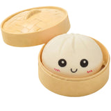 Jucărie antistres Flippy Squishy Gigant Gălușcă Bao Bun, 8.5 cm, alb/crem, vedere frontală cu coșuleț steamer