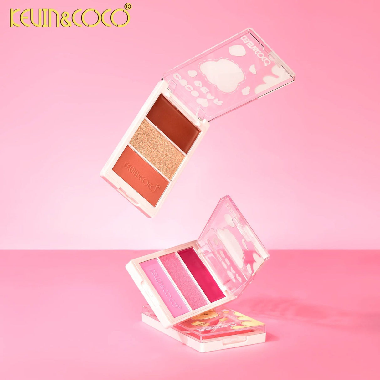 Paleta Fard de Obraz, Kevin&Coco, 3 Culori, Blush, Iluminator, Contur, Textură Fină, Efect Natural, pentru Toate Tipurile de Ten, 71.7 g, 6.7 x 1.5 x 11 cm, Roz - vivimall.ro