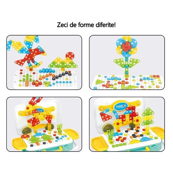 JUCARIE EDUCATIVA PENTRU COPII, VIVIMALL, SET 207 PIESE, 6 IN 1, VALIZA CU BORMASINA, VERDE - vivimall.ro