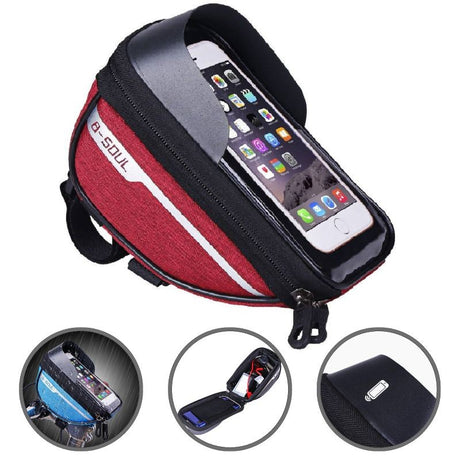 Borseta bicicleta impermeabila cu husa pentru telefon Flippy, montare pe ghidon, compatibila cu telefoane de pana la 16 cm, spatiu depozitare, 18.5x9.5 cm, rosu - vivimall.ro