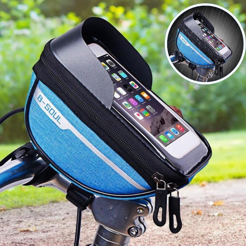 Borseta bicicleta impermeabila cu husa pentru telefon Flippy, montare pe ghidon, compatibila cu telefoane de pana la 16 cm, spatiu depozitare, 18.5x9.5 cm, albastru - vivimall.ro
