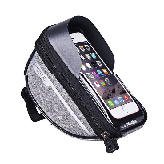 Borseta bicicleta impermeabila cu husa pentru telefon Vivimall, montare pe ghidon, compatibila cu telefoane de pana la 16 cm, spatiu depozitare, 18.5x9.5 cm, gri - vivimall.ro