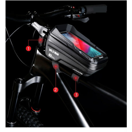 Borseta pentru bicicleta cu suport de telefon Vivimall, capcitate 1L, 20.5x11.1x10.5 cm, cu spatiu de stocare, protectie waterproof, ecran tactil, fixare in 3 locuri, protectie lumina, orificiu casti, negru - vivimall.ro