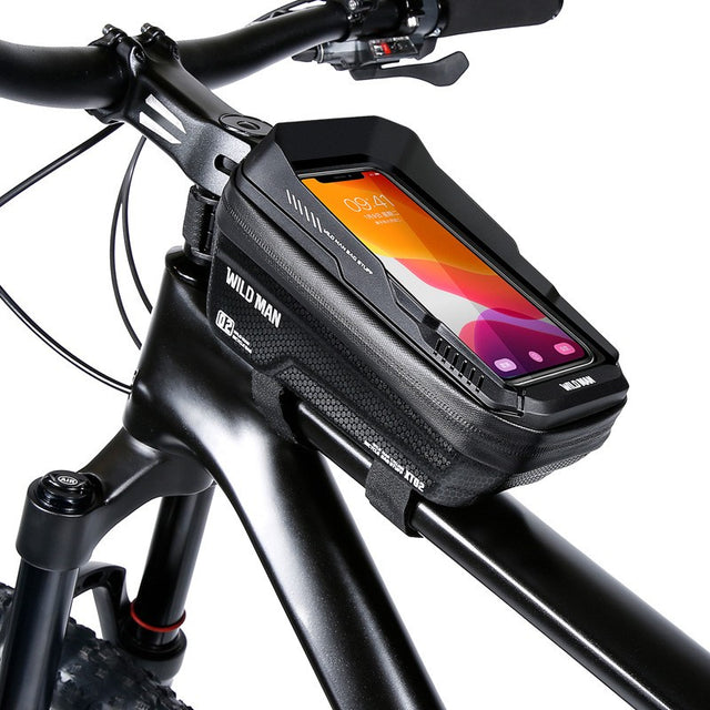Borseta pentru bicicleta cu suport de telefon Vivimall, capcitate 1L, 20.5x11.1x10.5 cm, cu spatiu de stocare, protectie waterproof, ecran tactil, fixare in 3 locuri, protectie lumina, orificiu casti, negru - vivimall.ro