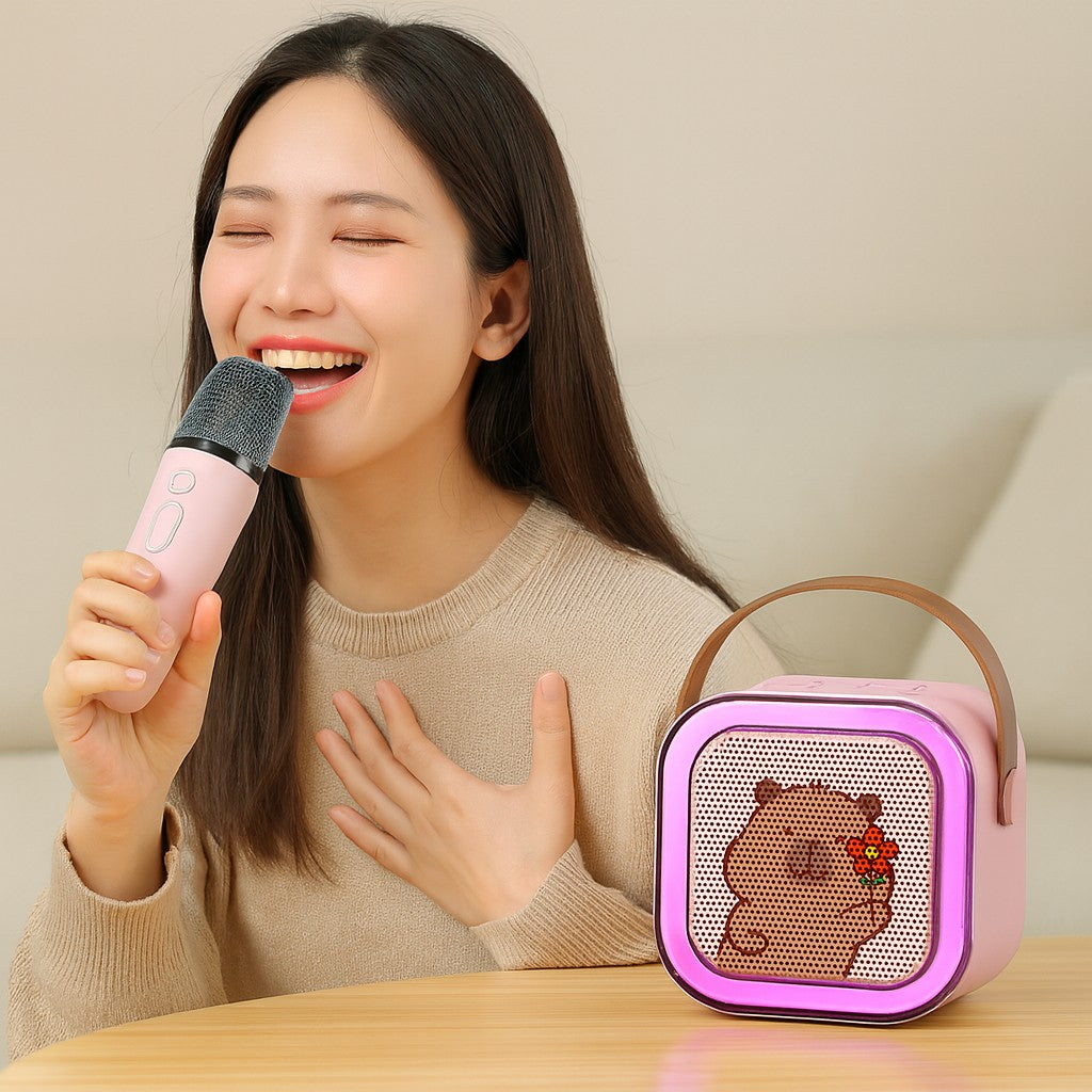 Set complet boxă karaoke Flippy K12-2 roz cu microfoane wireless incluse, vedere de ansamblu