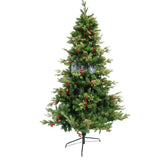 Gazdag műfenyő, piros fenyőtobozokkal díszítve, beltéri és kültéri használatra, 120 cm magas, fém talppal