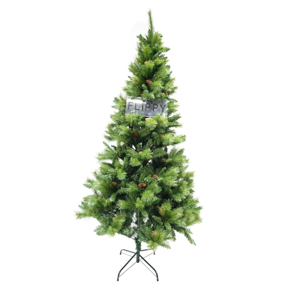 Műfenyő, fenyőtobozokkal díszítve, beltérre és kültérre, magasság 210 cm, átmérő 114 cm, 1057 ág, fém talppal