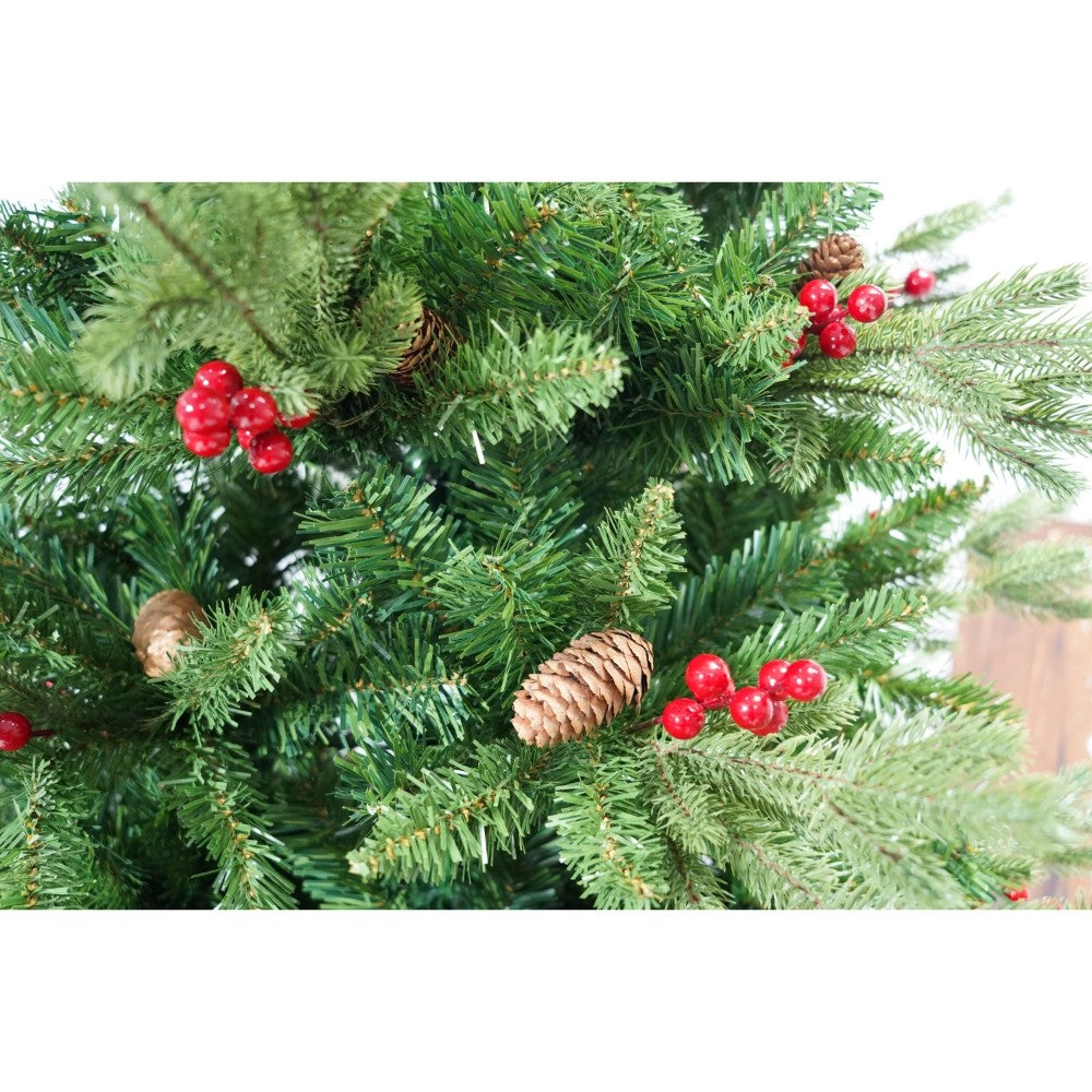 Műfenyő, piros fenyőtobozokkal díszítve, magasság 150 cm, átmérő 68 cm, 506 ág, fém talppal