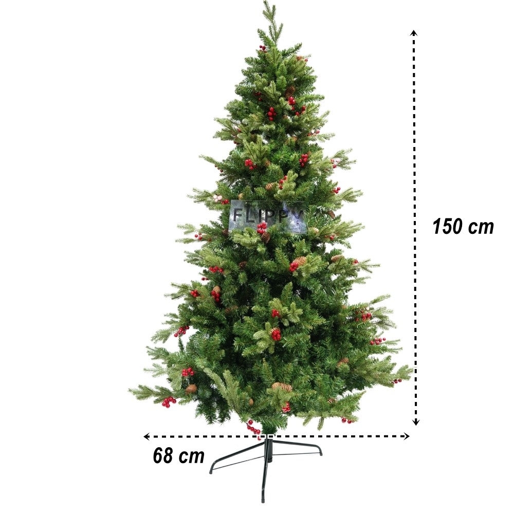 Műfenyő, piros fenyőtobozokkal díszítve, magasság 150 cm, átmérő 68 cm, 506 ág, fém talppal