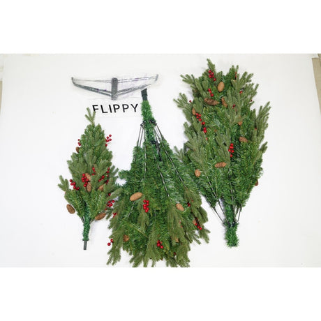 Műfenyő, piros fenyőtobozokkal díszítve, magasság 210 cm, átmérő 137 cm, 1172 ág, fém talppal