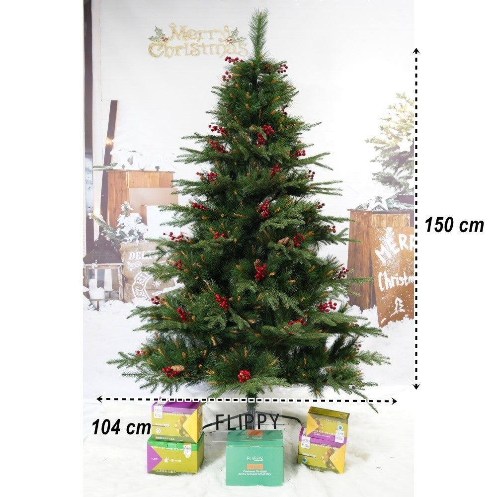 Műfenyő, piros fenyőtobozokkal díszítve, beltérre és kültérre, magasság 150 cm, átmérő 104 cm, 323 ág, fém talppal