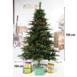 Műfenyő, piros fenyőtobozokkal díszítve, beltérre és kültérre, magasság 150 cm, átmérő 104 cm, 323 ág, fém talppal