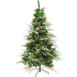 Műfenyő, piros fenyőtobozokkal díszítve, beltérre és kültérre, magasság 150 cm, átmérő 104 cm, 323 ág, fém talppal