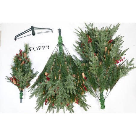Műfenyő, piros fenyőtobozokkal díszítve, beltérre és kültérre, magasság 210 cm, átmérő 142 cm, 767 ág, fém talppal