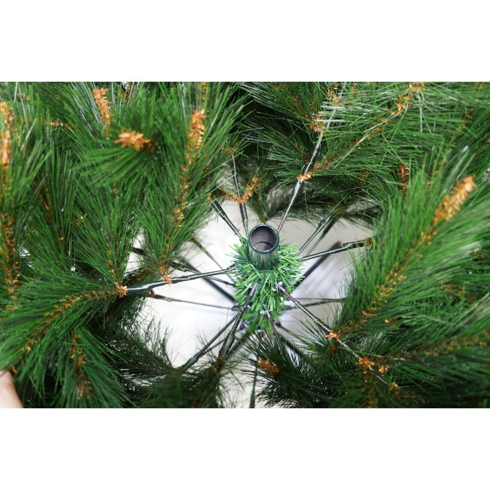 Brad artificial de Craciun, decorat cu conuri pin rosii, pentru interior/exterior, inaltime 210 cm, diametru 142 cm, 767 ramuri, Vivimall, verde, suport metalic inclus - vivimall.ro