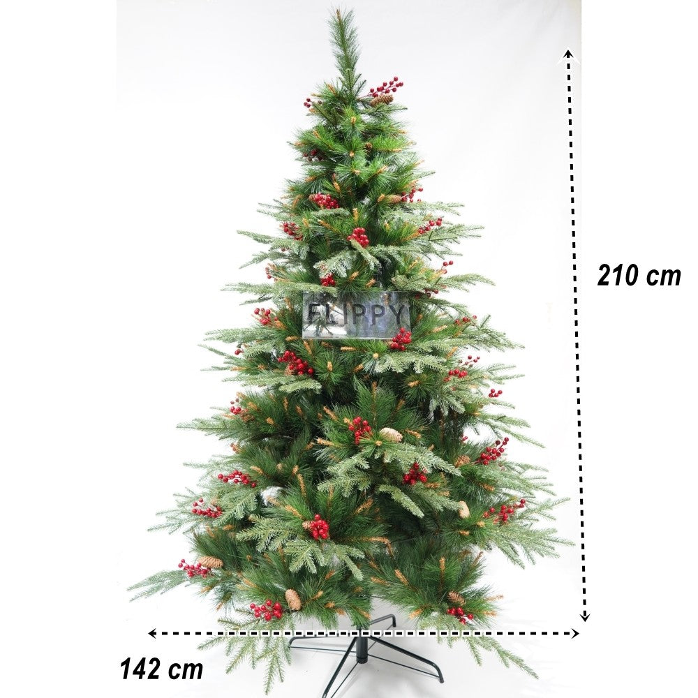 Műfenyő, piros fenyőtobozokkal díszítve, beltérre és kültérre, magasság 210 cm, átmérő 142 cm, 767 ág, fém talppal