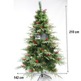 Műfenyő, piros fenyőtobozokkal díszítve, beltérre és kültérre, magasság 210 cm, átmérő 142 cm, 767 ág, fém talppal
