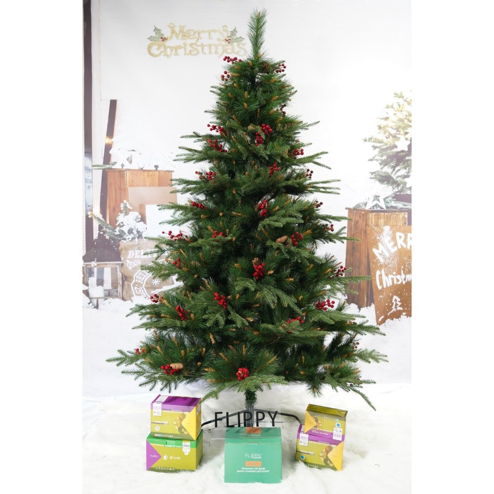 Brad artificial de Craciun, decorat cu conuri pin rosii, pentru interior/exterior, inaltime 210 cm, diametru 142 cm, 767 ramuri, Vivimall, verde, suport metalic inclus - vivimall.ro