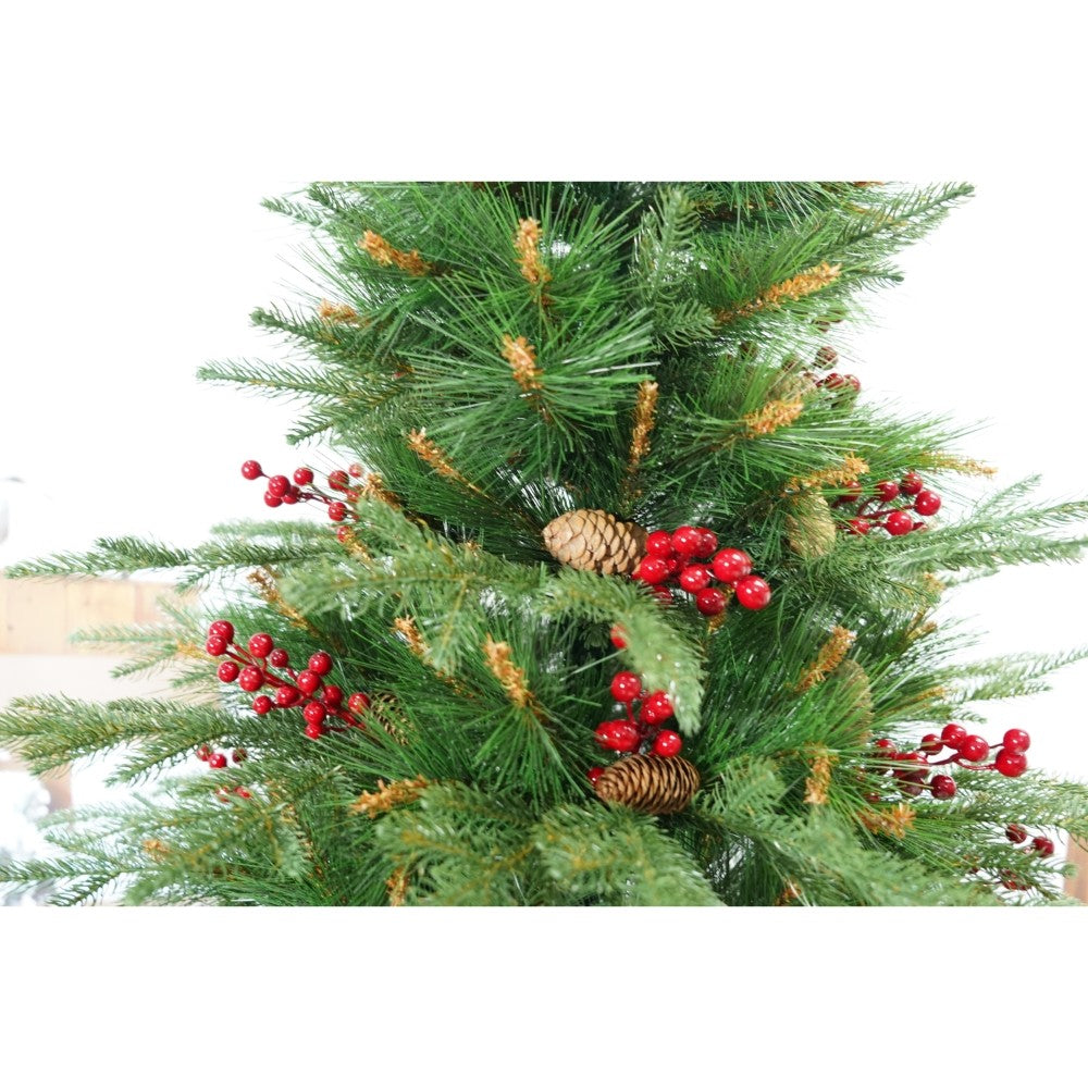 Műfenyő, piros fenyőtobozokkal díszítve, beltérre és kültérre, magasság 210 cm, átmérő 142 cm, 767 ág, fém talppal