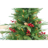 Műfenyő, piros fenyőtobozokkal díszítve, beltérre és kültérre, magasság 210 cm, átmérő 142 cm, 767 ág, fém talppal