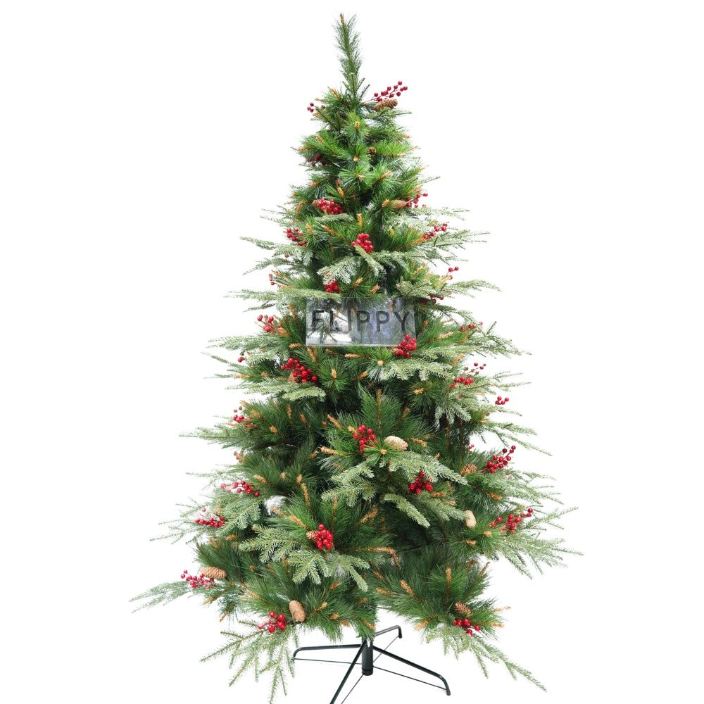 Műfenyő, piros fenyőtobozokkal díszítve, beltérre és kültérre, magasság 210 cm, átmérő 142 cm, 767 ág, fém talppal