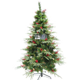 Műfenyő, piros fenyőtobozokkal díszítve, beltérre és kültérre, magasság 210 cm, átmérő 142 cm, 767 ág, fém talppal