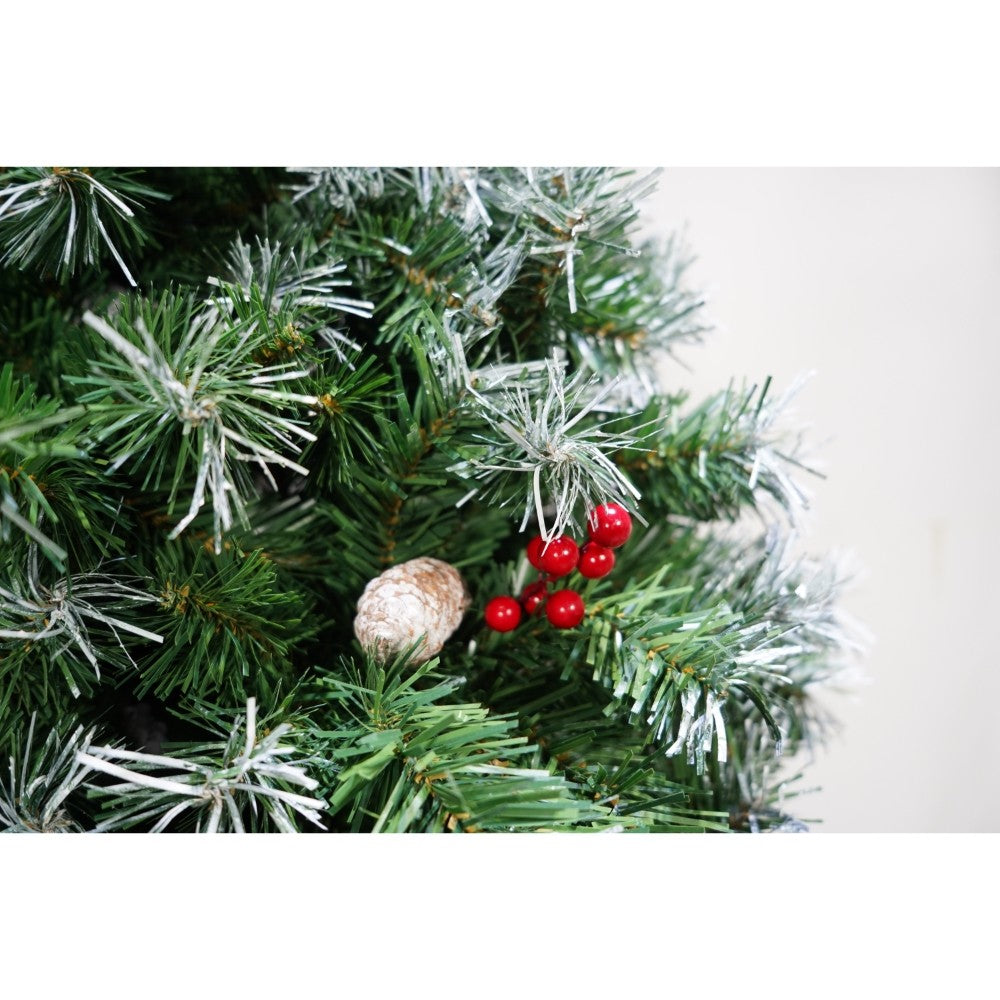 Műfenyő havas, fenyőtobozokkal díszített, beltéri és kültéri használatra, magasság 180 cm, 760 ág, fém talppal