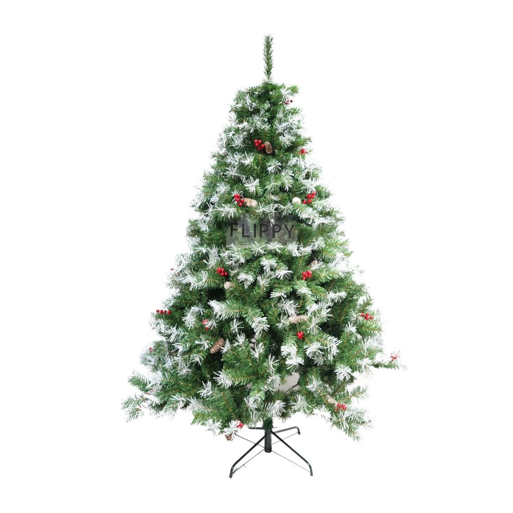 Műfenyő havas, fenyőtobozokkal díszített, beltéri és kültéri használatra, magasság 180 cm, 760 ág, fém talppal