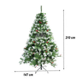 Műfenyő havas, fenyőtobozokkal díszített, beltéri és kültéri használatra, magasság 210 cm, átmérő 147 cm, 1150 ág, fém talppal
