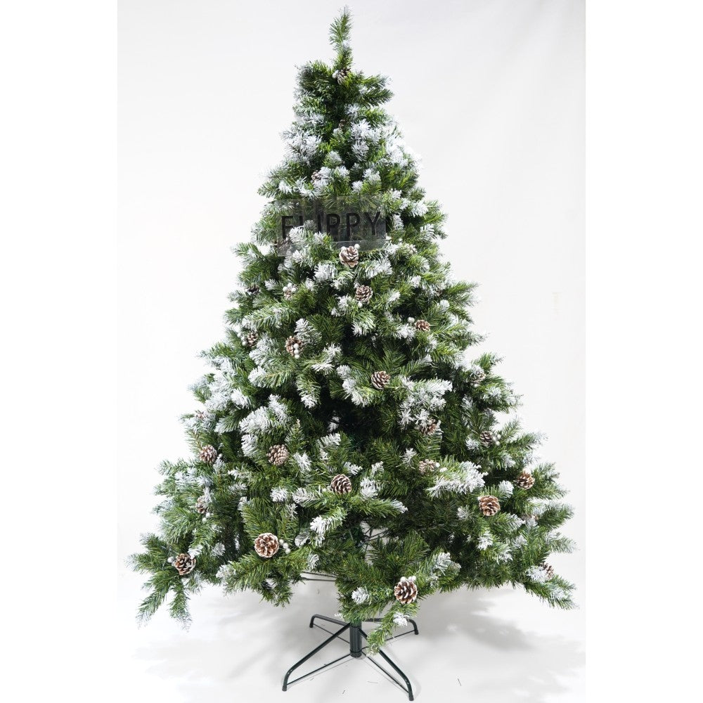 Műfenyő havas, fenyőtobozokkal díszített, falra/sarokba, magasság 180 cm, 862 ág, fém talppal