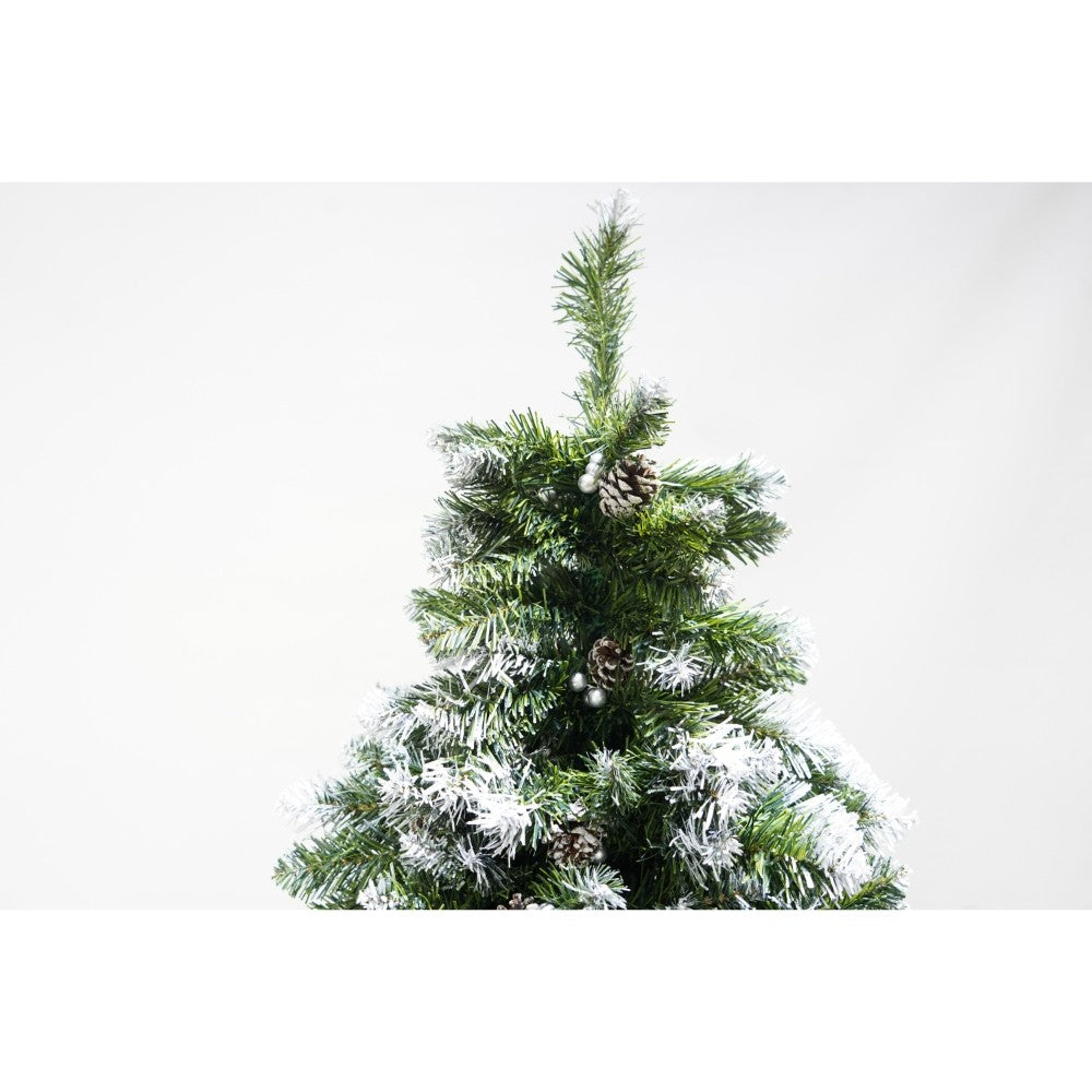 Műfenyő havas, fenyőtobozokkal díszített, falra/sarokba, magasság 180 cm, 862 ág, fém talppal