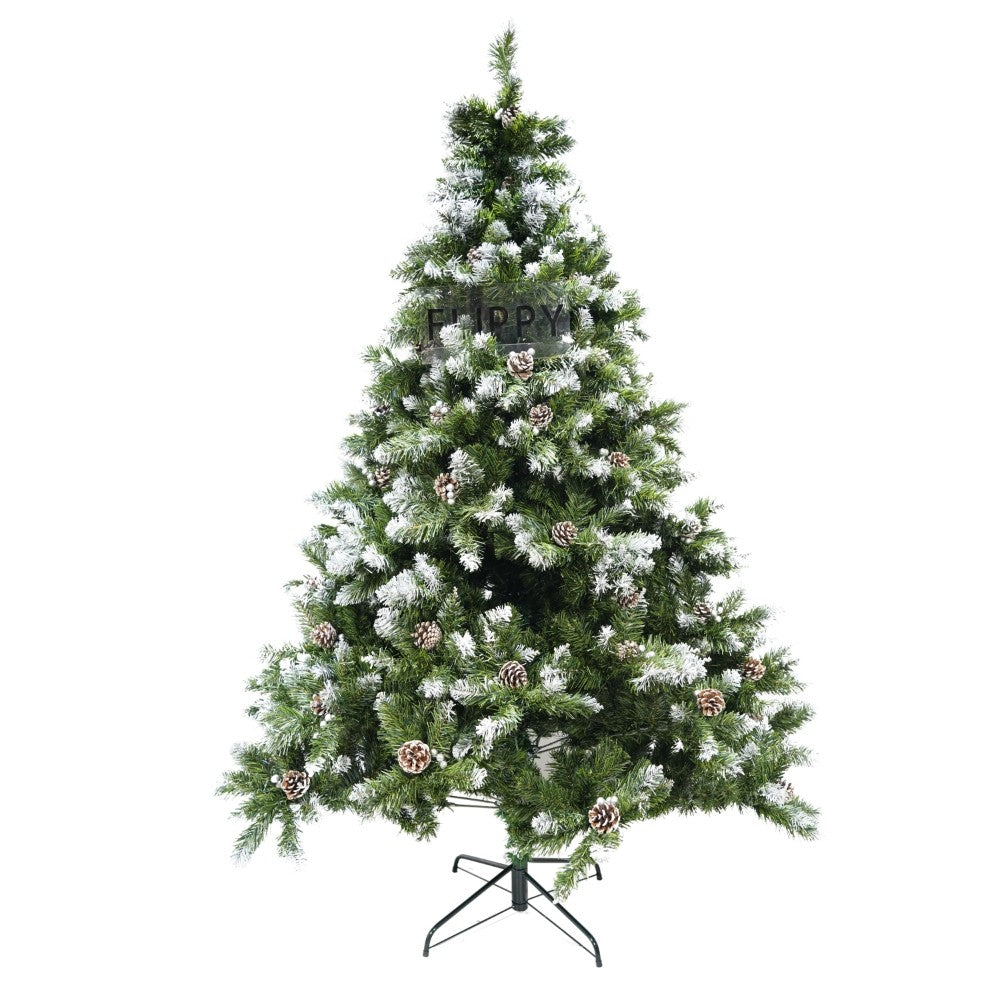 Műfenyő havas, fenyőtobozokkal díszített, falra/sarokba, magasság 180 cm, 862 ág, fém talppal