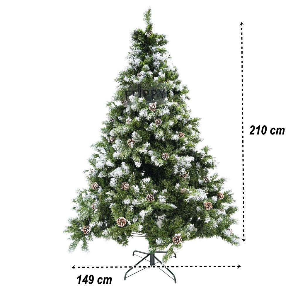 Brad artificial de Craciun nins, decorat cu conuri pin, pentru perete/colt, inaltime 210 cm, diametru 149 cm, 1224 ramuri, Flippy, verde, suport metalic inclus - vivimall.ro