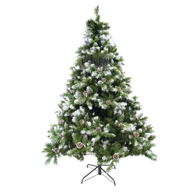 Brad artificial de Craciun nins, decorat cu conuri pin, pentru perete/colt, inaltime 210 cm, diametru 149 cm, 1224 ramuri, Flippy, verde, suport metalic inclus - vivimall.ro