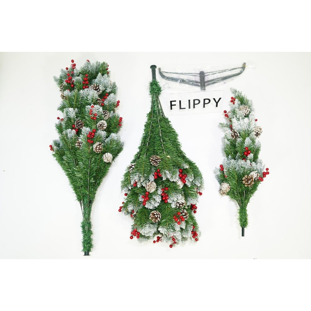 Brad artificial de Craciun nins, decorat cu conuri pin rosii, inaltime 150 cm, diametru 83 cm, 319 ramuri, Vivimall, verde, suport metalic inclus - vivimall.ro