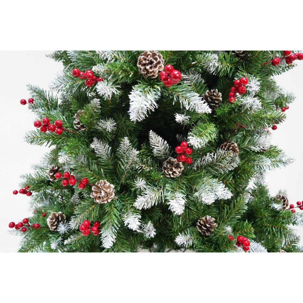 Műfenyő havas dísz, piros fenyőtobozokkal díszítve, magasság 180 cm, átmérő 95 cm, ​​319 ág, fém talppal