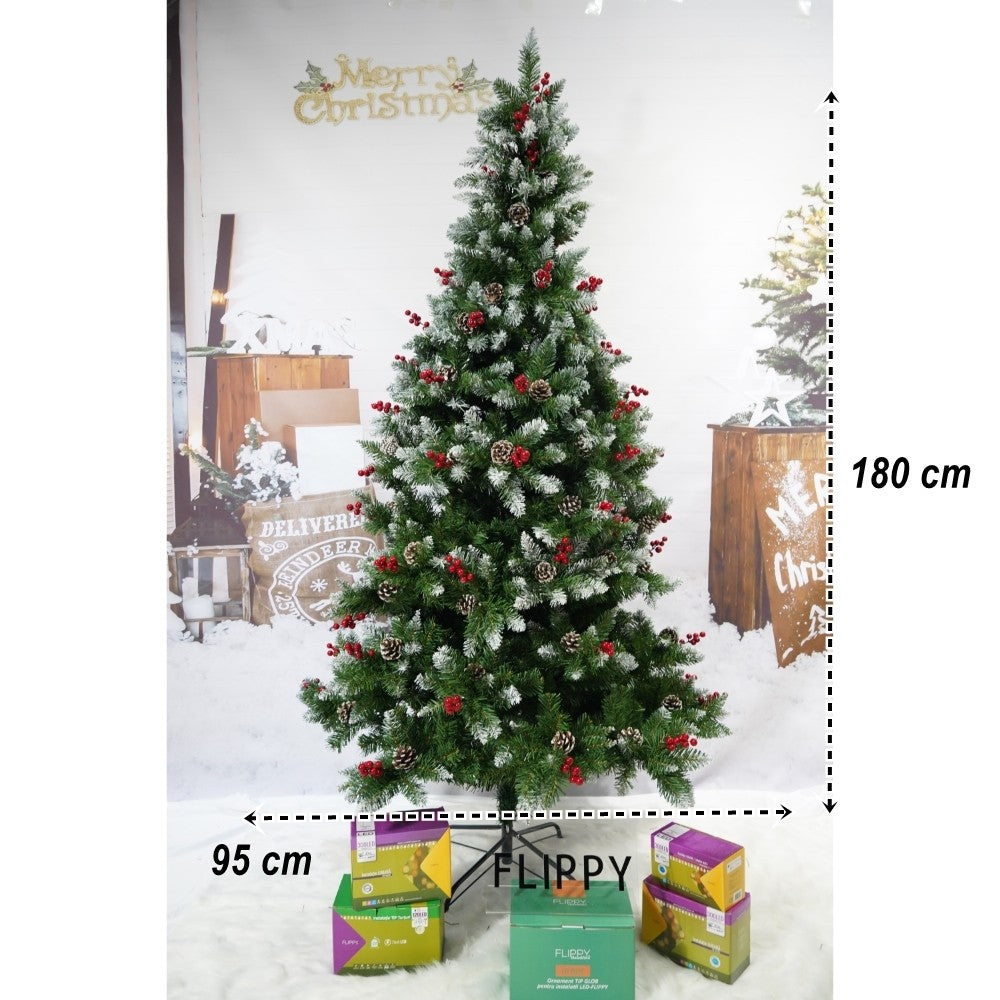 Műfenyő havas dísz, piros fenyőtobozokkal díszítve, magasság 180 cm, átmérő 95 cm, ​​319 ág, fém talppal