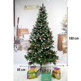 Műfenyő havas dísz, piros fenyőtobozokkal díszítve, magasság 180 cm, átmérő 95 cm, ​​319 ág, fém talppal
