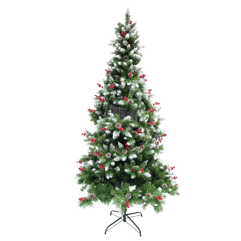 Műfenyő havas dísz, piros fenyőtobozokkal díszítve, magasság 180 cm, átmérő 95 cm, ​​319 ág, fém talppal