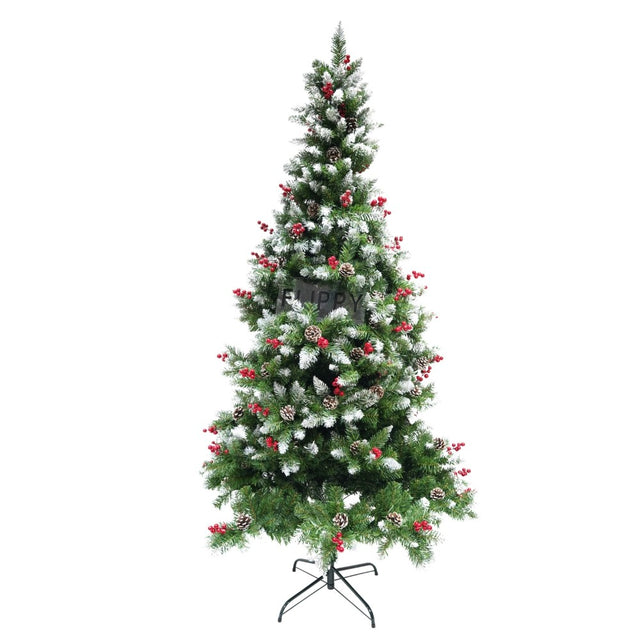 Brad artificial de Craciun nins, decorat cu conuri pin rosii, inaltime 180 cm, diametru 95 cm, 319 ramuri, Vivimall, verde, suport metalic inclus - vivimall.ro