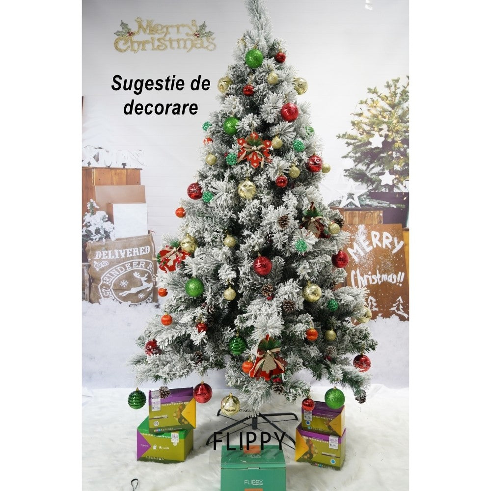 Műfenyő, intenzív hó mintás, fenyőtobozokkal díszítve, beltéri és kültéri használatra, magasság 180 cm, átmérő 120 cm, 502 ág, fehér, fém talppal
