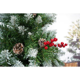 Prémium műfenyő, havas mintás, piros fenyőtobozokkal díszítve, 240 cm magas, 863 dús ággal, fém talppal