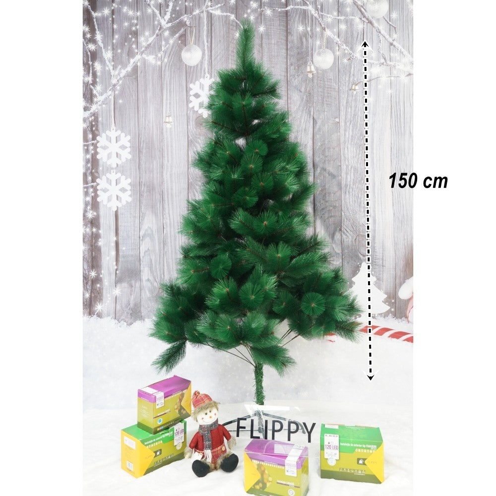 Műfenyő karácsonyfa, klasszikus, beltérre és kültérre, magasság 150 cm, fém állvánnyal