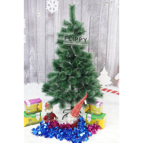 Brad artificial de Craciun tip pin inzapezit, inaltime 150 cm, diametru 85 cm, 160 ramuri cu ace 3D 12 cm, Vivimall, verde cu varfuri ninse, suport metalic inclus - vivimall.ro