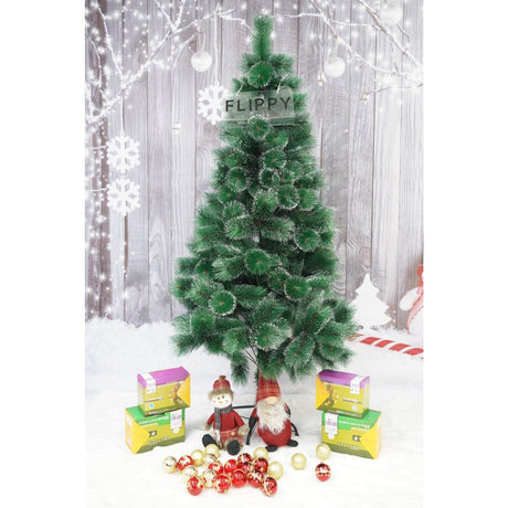 Brad artificial de Craciun tip pin inzapezit, inaltime 210 cm, diametru 115 cm, 350 ramuri cu ace 3D 12 cm, Vivimall, verde cu varfuri ninse, suport metalic inclus - vivimall.ro