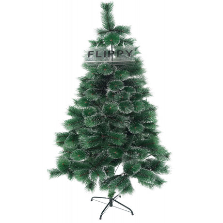 Brad artificial de Craciun tip pin inzapezit, inaltime 210 cm, diametru 115 cm, 350 ramuri cu ace 3D 12 cm, Vivimall, verde cu varfuri ninse, suport metalic inclus - vivimall.ro